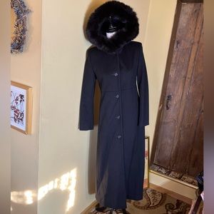 STEVE by SERLE Size 4 Black Maxi Coat Cashmere Wool with Fox Fur Collar Hooded